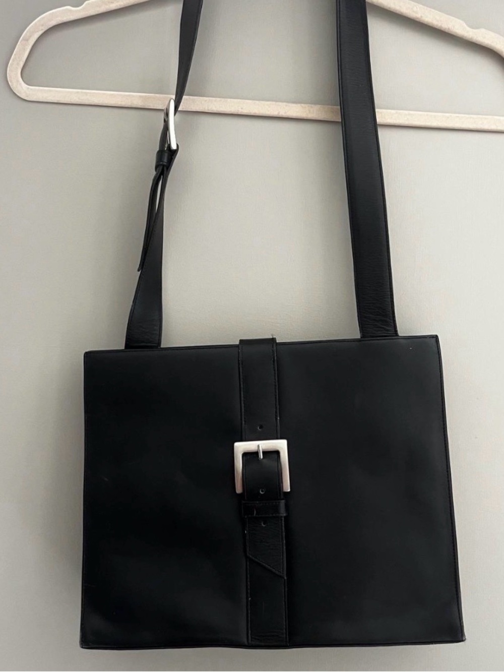 Agnes B. Black Leather Buckle Messenger Bag